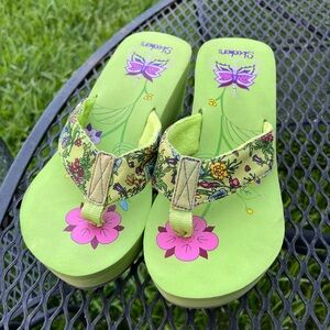 Skechers Green Floral Flip Flops with Pink and Purple Details
